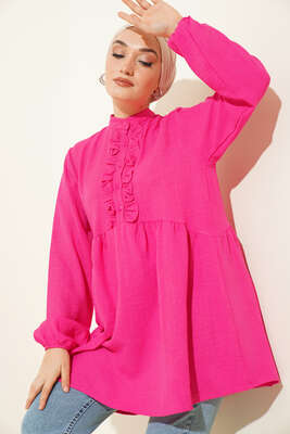 Keten Çift Fırfırlı Hakim Yaka Tunik Fusya - Tunik