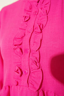 Keten Çift Fırfırlı Hakim Yaka Tunik Fusya - Tunik