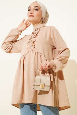 Keten Çift Fırfırlı Hakim Yaka Tunik Bej - NEVA MODA