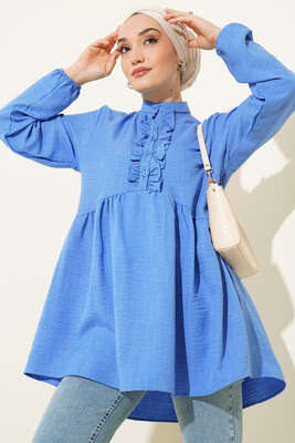 Keten Çift Fırfırlı Hakim Yaka Tunik İndigo - NEVA MODA