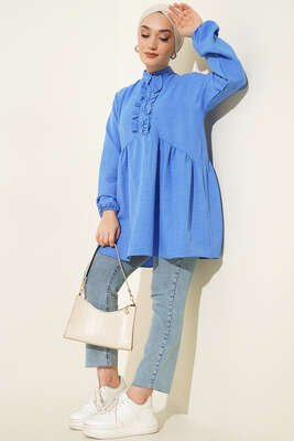 Keten Çift Fırfırlı Hakim Yaka Tunik İndigo - Tunik