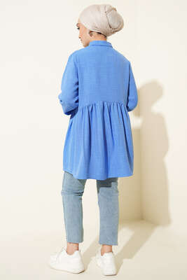 Keten Çift Fırfırlı Hakim Yaka Tunik İndigo - Tunik