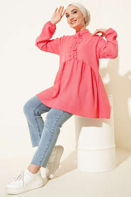 Keten Çift Fırfırlı Hakim Yaka Tunik Nar Çiçeği - NEVA MODA