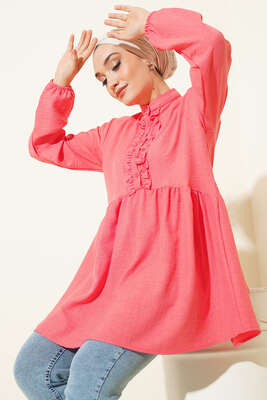 Keten Çift Fırfırlı Hakim Yaka Tunik Nar Çiçeği - Tunik