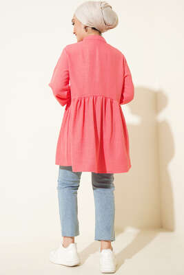 Keten Çift Fırfırlı Hakim Yaka Tunik Nar Çiçeği - Tunik