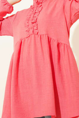 Keten Çift Fırfırlı Hakim Yaka Tunik Nar Çiçeği - Tunik