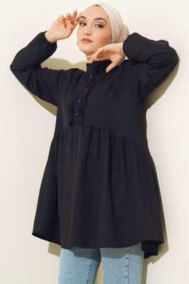 Keten Çift Fırfırlı Hakim Yaka Tunik Siyah - NEVA MODA