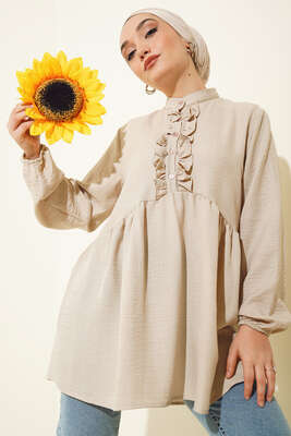 Keten Çift Fırfırlı Hakim Yaka Tunik Taş - NEVA MODA