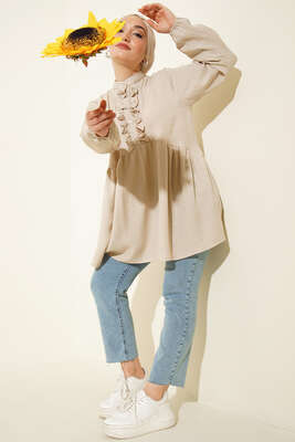 Keten Çift Fırfırlı Hakim Yaka Tunik Taş - Tunik