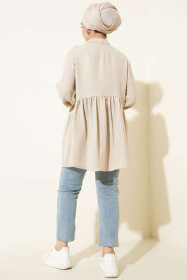 Keten Çift Fırfırlı Hakim Yaka Tunik Taş - Tunik