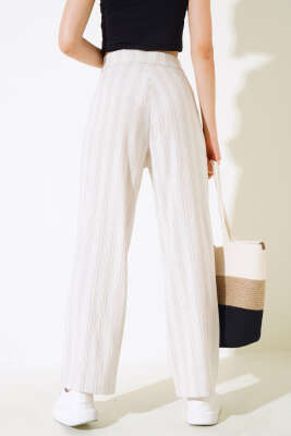 Keten Çizgili Bol Pantolon Latte - Kadın Giyim Modelleri