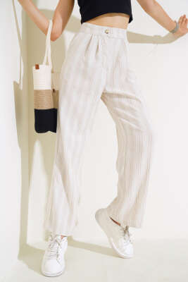 Keten Çizgili Bol Pantolon Latte - Kadın Giyim Modelleri