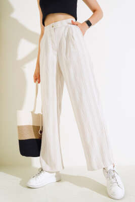 Keten Çizgili Bol Pantolon Latte - Kadın Giyim Modelleri