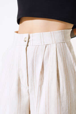 Keten Çizgili Bol Pantolon Latte - Kadın Giyim Modelleri