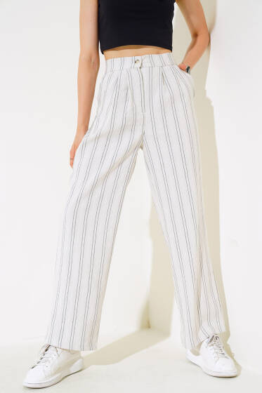 Keten Çizgili Bol Pantolon Siyah - Kadın Giyim Modelleri