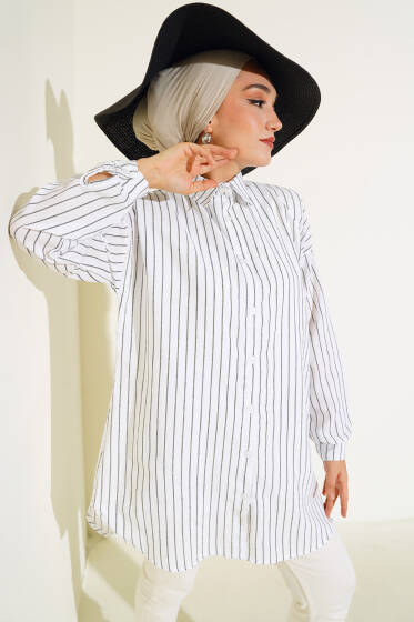 Keten Çizgili Gömlek Beyaz - Gömlek