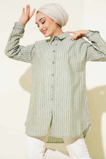 Keten Çizgili Gömlek Haki - Gömlek