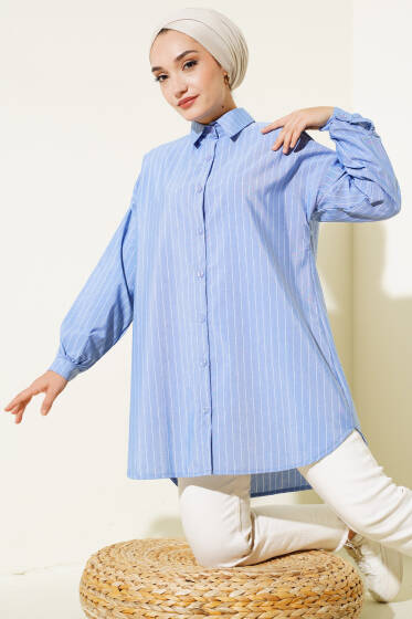 Keten Çizgili Gömlek İndigo - Gömlek