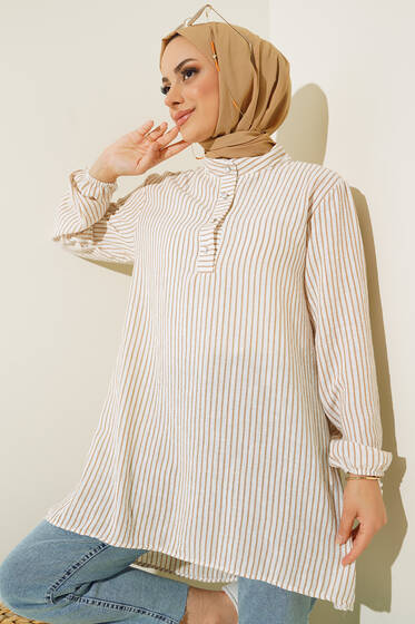 Keten Çizgili Hakim Yaka Düğmeli Tunik Bej - Tunik