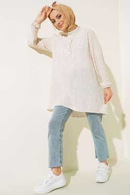 Keten Çizgili Hakim Yaka Düğmeli Tunik Bej - Tunik