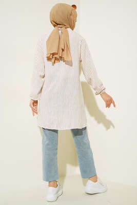 Keten Çizgili Hakim Yaka Düğmeli Tunik Bej - Tunik