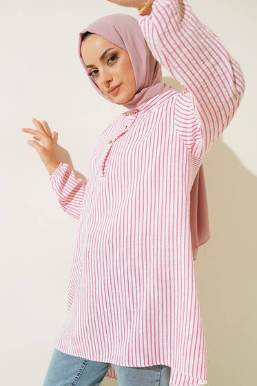 Keten Çizgili Hakim Yaka Düğmeli Tunik Fusya - Tunik