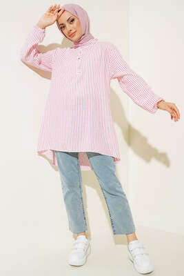 Keten Çizgili Hakim Yaka Düğmeli Tunik Fusya - Tunik