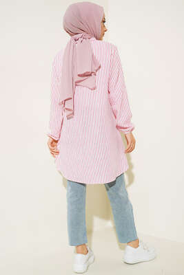 Keten Çizgili Hakim Yaka Düğmeli Tunik Fusya - Tunik
