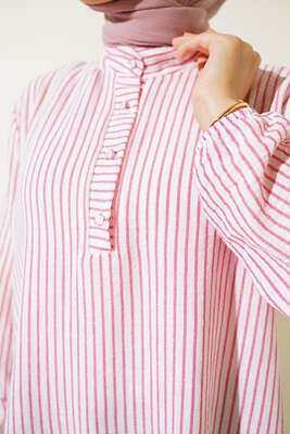 Keten Çizgili Hakim Yaka Düğmeli Tunik Fusya - Tunik