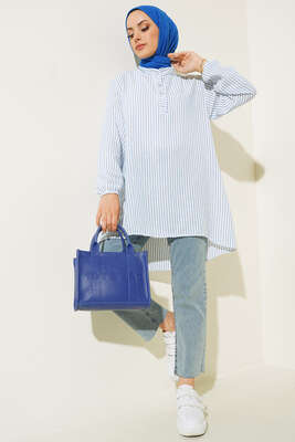 Keten Çizgili Hakim Yaka Düğmeli Tunik İndigo 