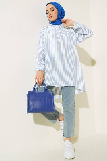 Keten Çizgili Hakim Yaka Düğmeli Tunik İndigo - Tunik