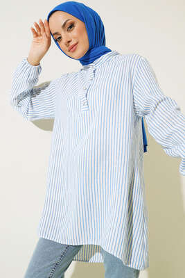 Keten Çizgili Hakim Yaka Düğmeli Tunik İndigo - Tunik