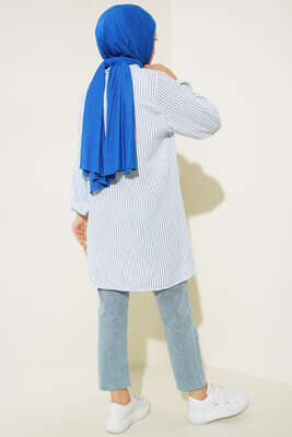 Keten Çizgili Hakim Yaka Düğmeli Tunik İndigo - Tunik
