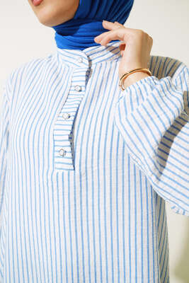 Keten Çizgili Hakim Yaka Düğmeli Tunik İndigo - Tunik