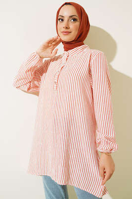 Keten Çizgili Hakim Yaka Düğmeli Tunik Oranj - Tunik