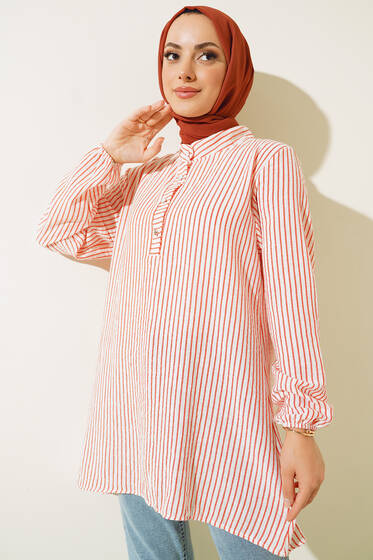 Keten Çizgili Hakim Yaka Düğmeli Tunik Oranj - Tunik