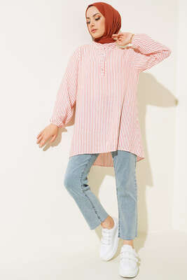 Keten Çizgili Hakim Yaka Düğmeli Tunik Oranj - Tunik