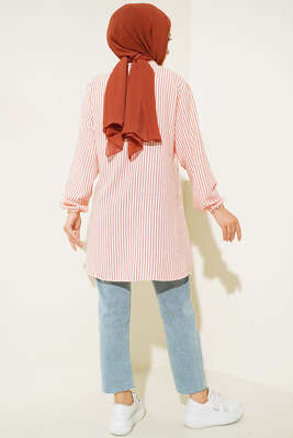 Keten Çizgili Hakim Yaka Düğmeli Tunik Oranj - Tunik