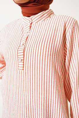 Keten Çizgili Hakim Yaka Düğmeli Tunik Oranj - Tunik