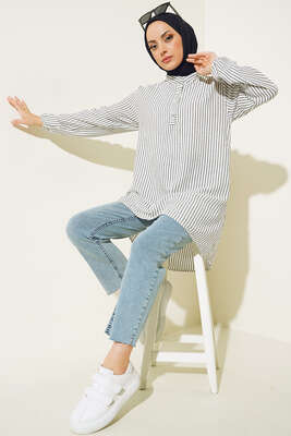 Keten Çizgili Hakim Yaka Düğmeli Tunik Siyah 