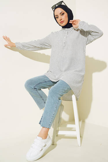 Keten Çizgili Hakim Yaka Düğmeli Tunik Siyah - Tunik