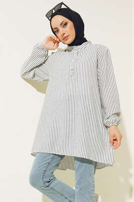 Keten Çizgili Hakim Yaka Düğmeli Tunik Siyah - Tunik