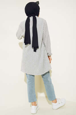 Keten Çizgili Hakim Yaka Düğmeli Tunik Siyah - Tunik