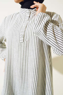 Keten Çizgili Hakim Yaka Düğmeli Tunik Siyah - Tunik