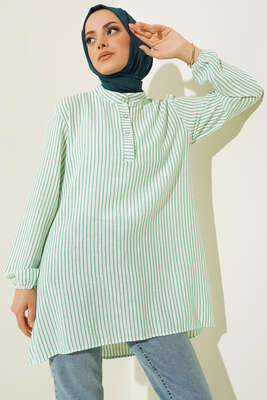 Keten Çizgili Hakim Yaka Düğmeli Tunik Yeşil 