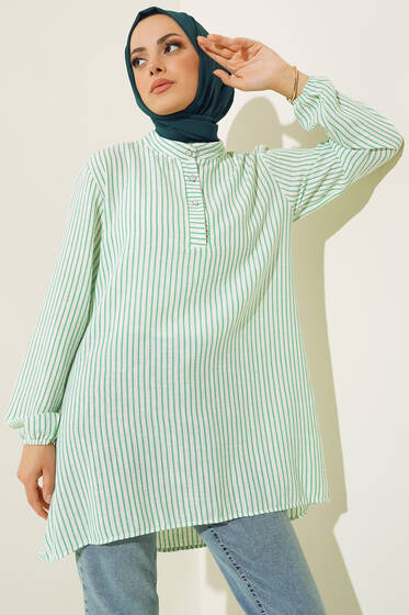 Keten Çizgili Hakim Yaka Düğmeli Tunik Yeşil - Tunik