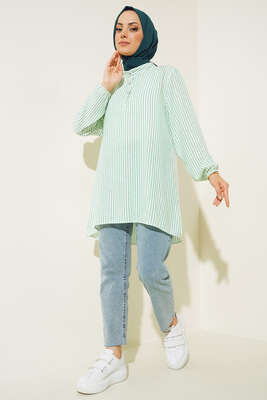Keten Çizgili Hakim Yaka Düğmeli Tunik Yeşil - Tunik