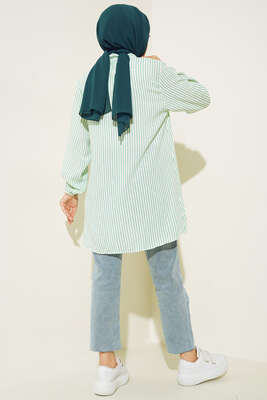 Keten Çizgili Hakim Yaka Düğmeli Tunik Yeşil - Tunik