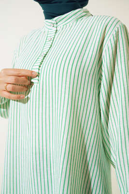 Keten Çizgili Hakim Yaka Düğmeli Tunik Yeşil - Tunik
