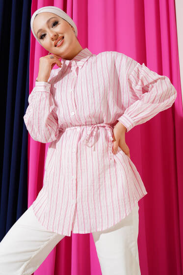 Keten Çizgili Oversize Gömlek Pembe - Gömlek